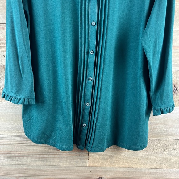 Lands End Womens Shirt 3/4 Sleee Button Up Jersey Ruffle Neck Pintuck Green XL - Picture 3 of 7